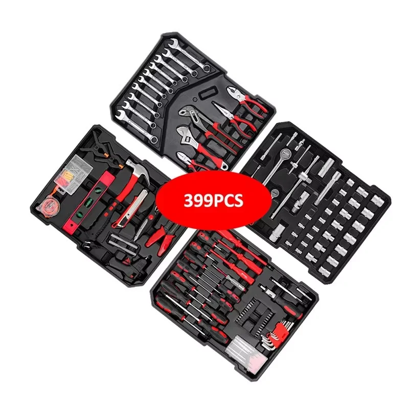 고품질 399피스 스틸 조합 공구 세트 공장 직판 트롤리 케이스 4단 하드웨어 수동 공구