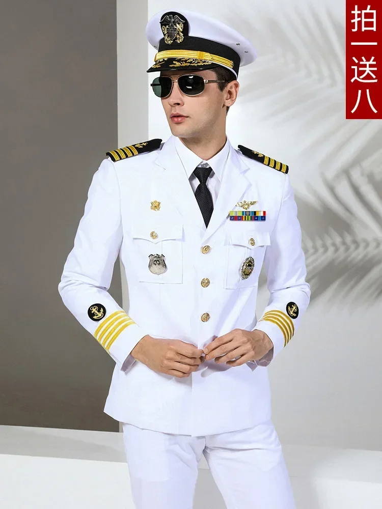 US Navy Military Uniform Yacht Captain Suit Dinner Costume Military Army Soldiers Clothes Militaries Jacket Pant Hat Set