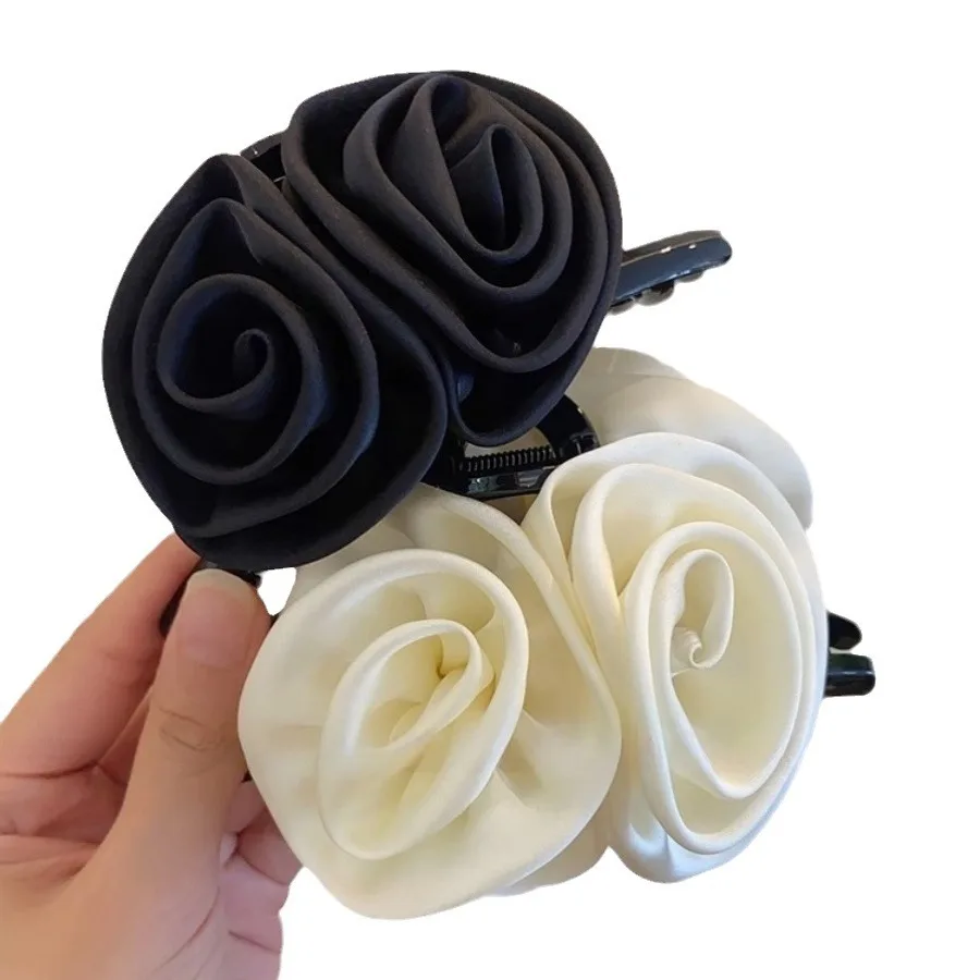 Hair Claw Handmade Fabric Stereoscopic Flowers Grab Hair Clip Sweet Shark Clip Rose Flower Hair Accessories for Women ﻿