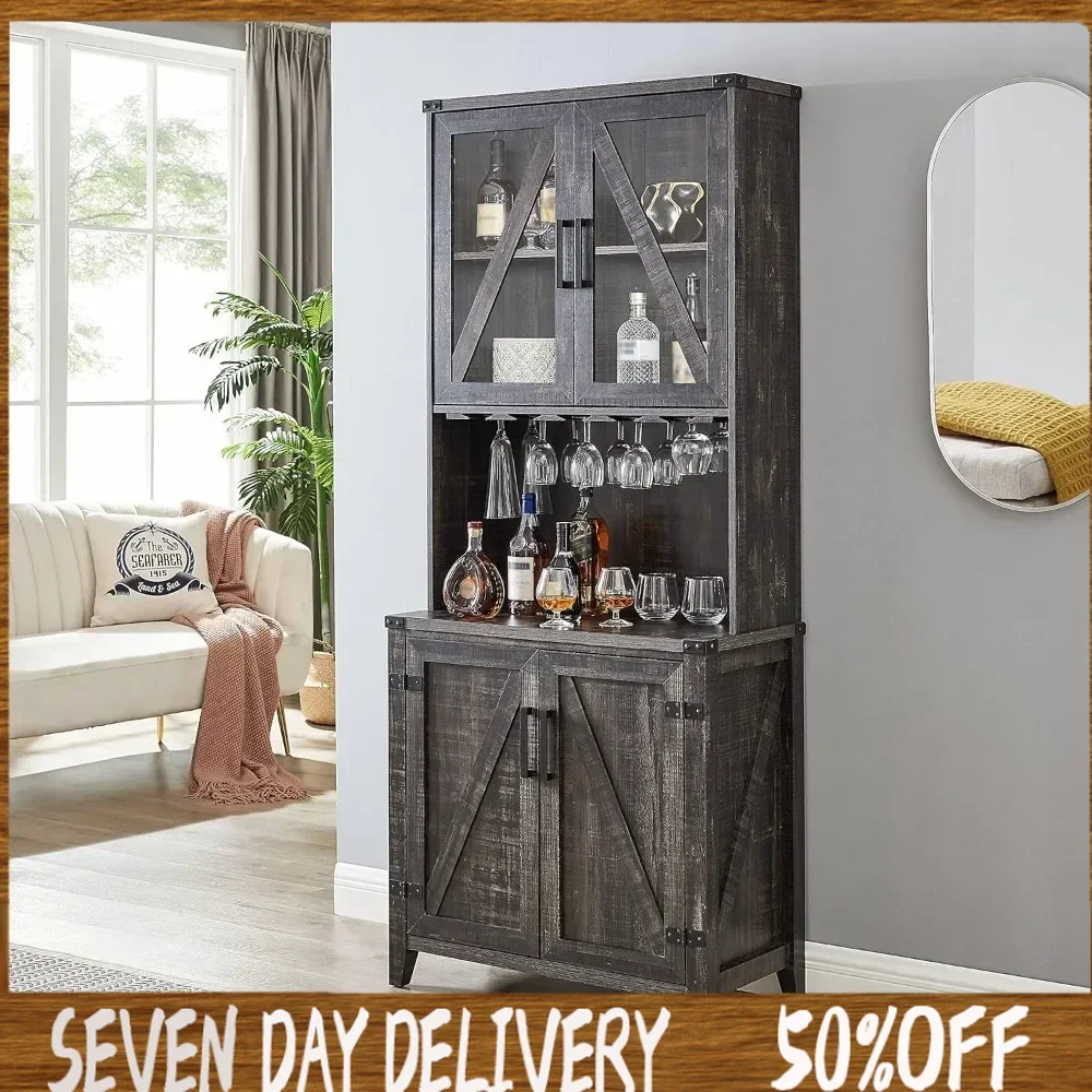 

Home Source Grey Wash Bar Cabinet with Upper Glass Cabinet，Living room cabinets, cupboards, home bar cabinets