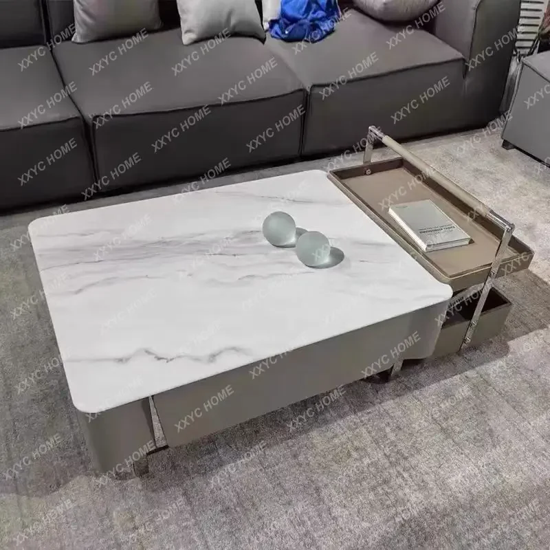 X-S Household minimalist living room rectangular saddle leather stainless steel coffee table side table combination HG
