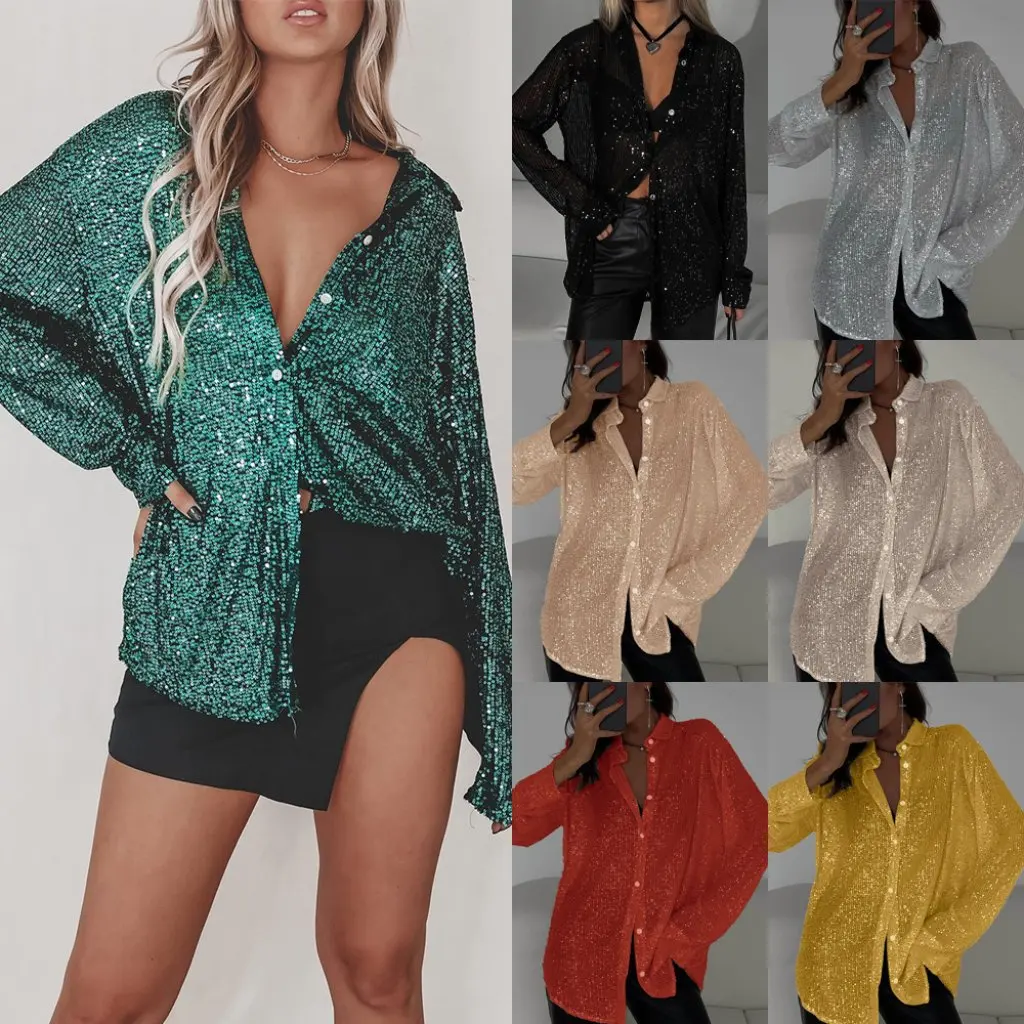 

Spring Summer Women's Sequin Lapel Long-Sleeved Cardigan Basic Shirt Jacket Cross-Border Style European American Trend