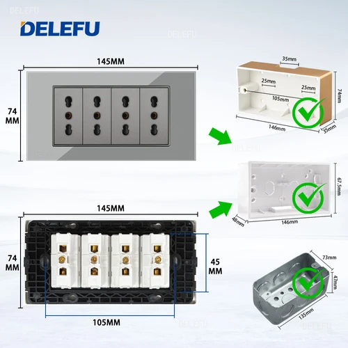 Imagen 2 del producto DELEFU Panel de vidrio SC70 145mm gris italiano estándar USB tipo C interruptor de enchufe de pared de carga rápida TV teléfono CAT5 CAT6