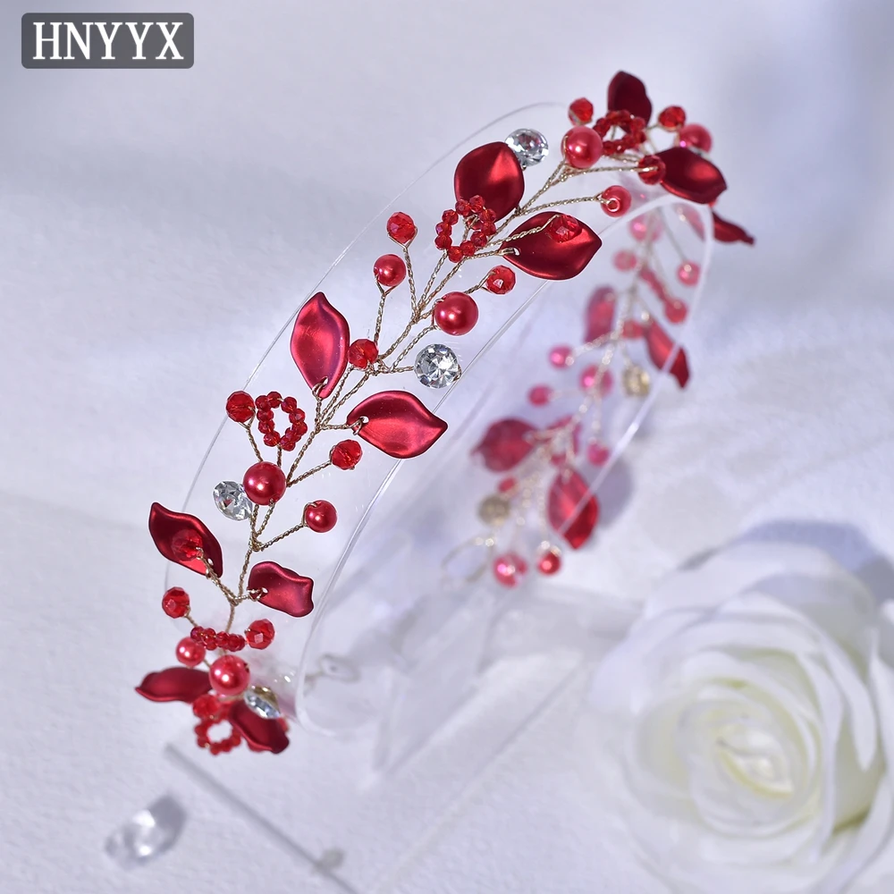 

HNYYX Chinese Style Headband Red Leaves Pearl Hair Hoop Handmade Beaded Headpiece Elegant And Gorgeous Hair Accessories A350