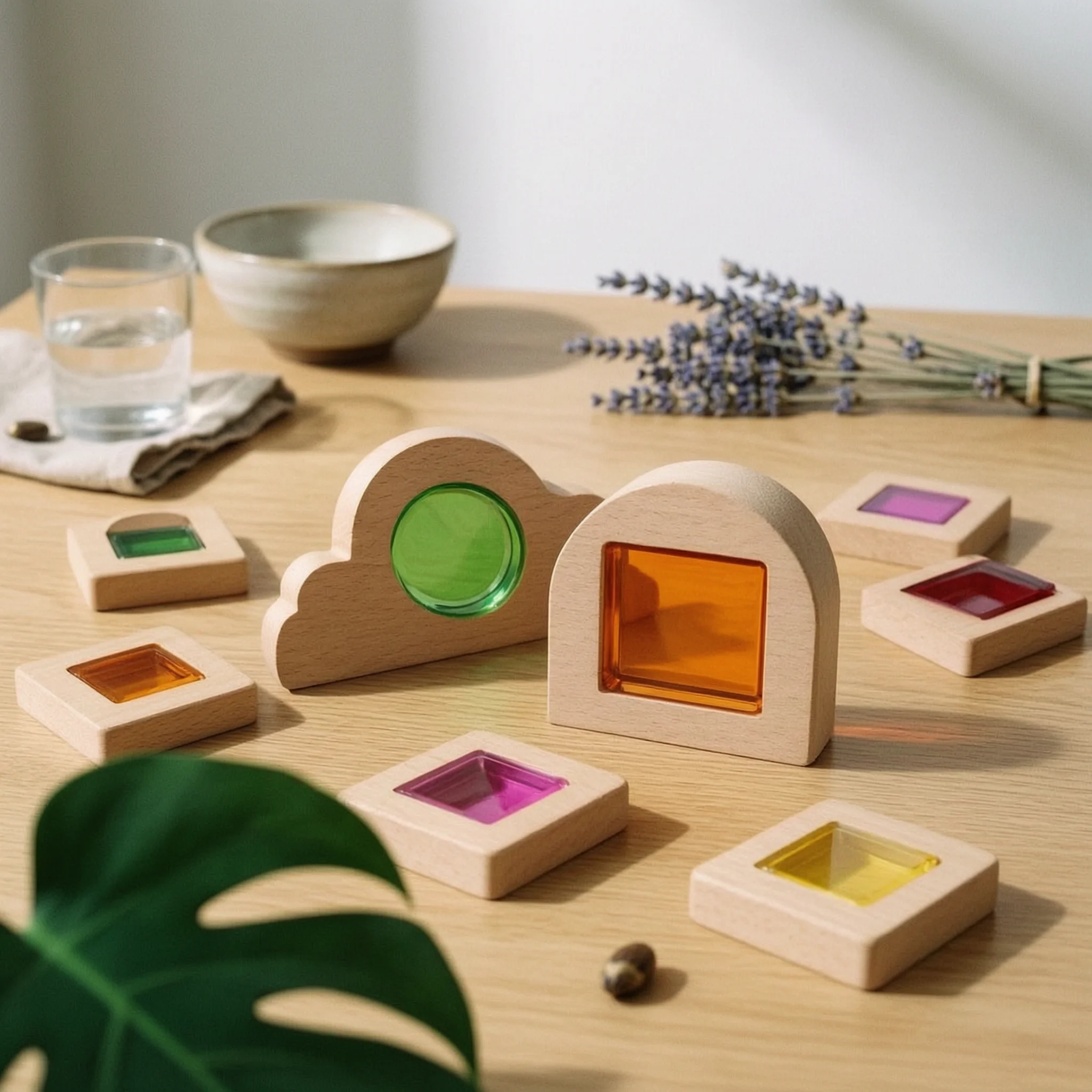 Wooden Building Toy with Acrylic Inserts Transparent Sensory Blocks with Colored Panels Stacking Toy Stackable for Toddlers