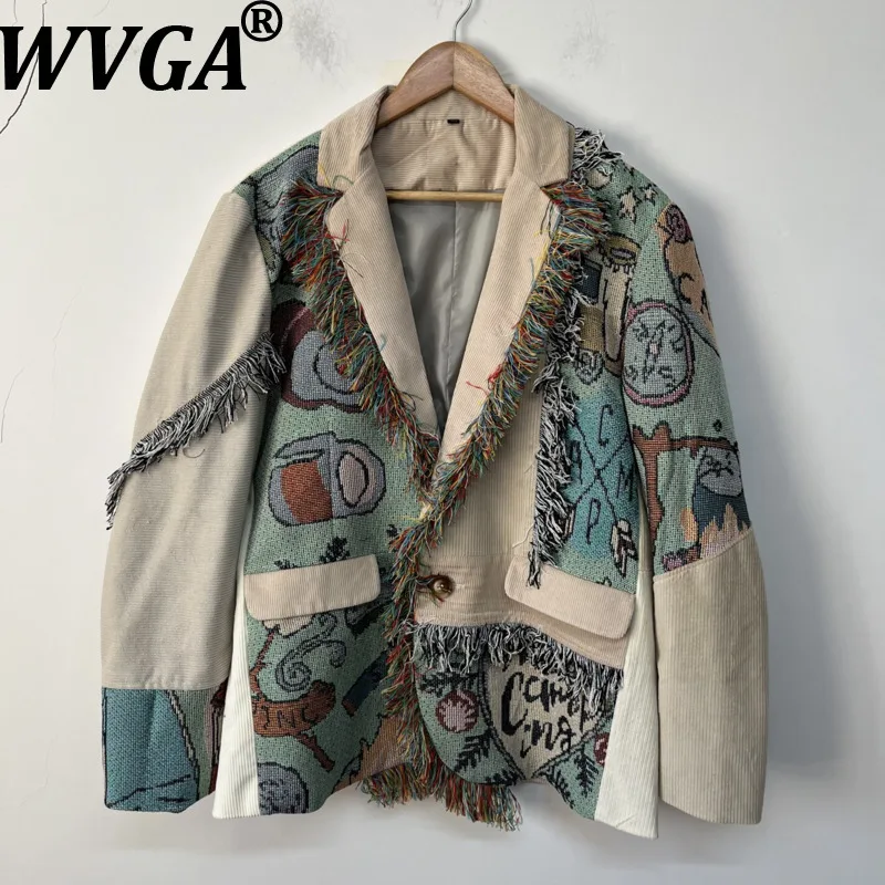 WVGA Spring Autumn New Men's Patterned Patchwork Trendy Blazer Niche Chic Casual Fringed Trim Turn-Down Collar Jacket Ins W28331
