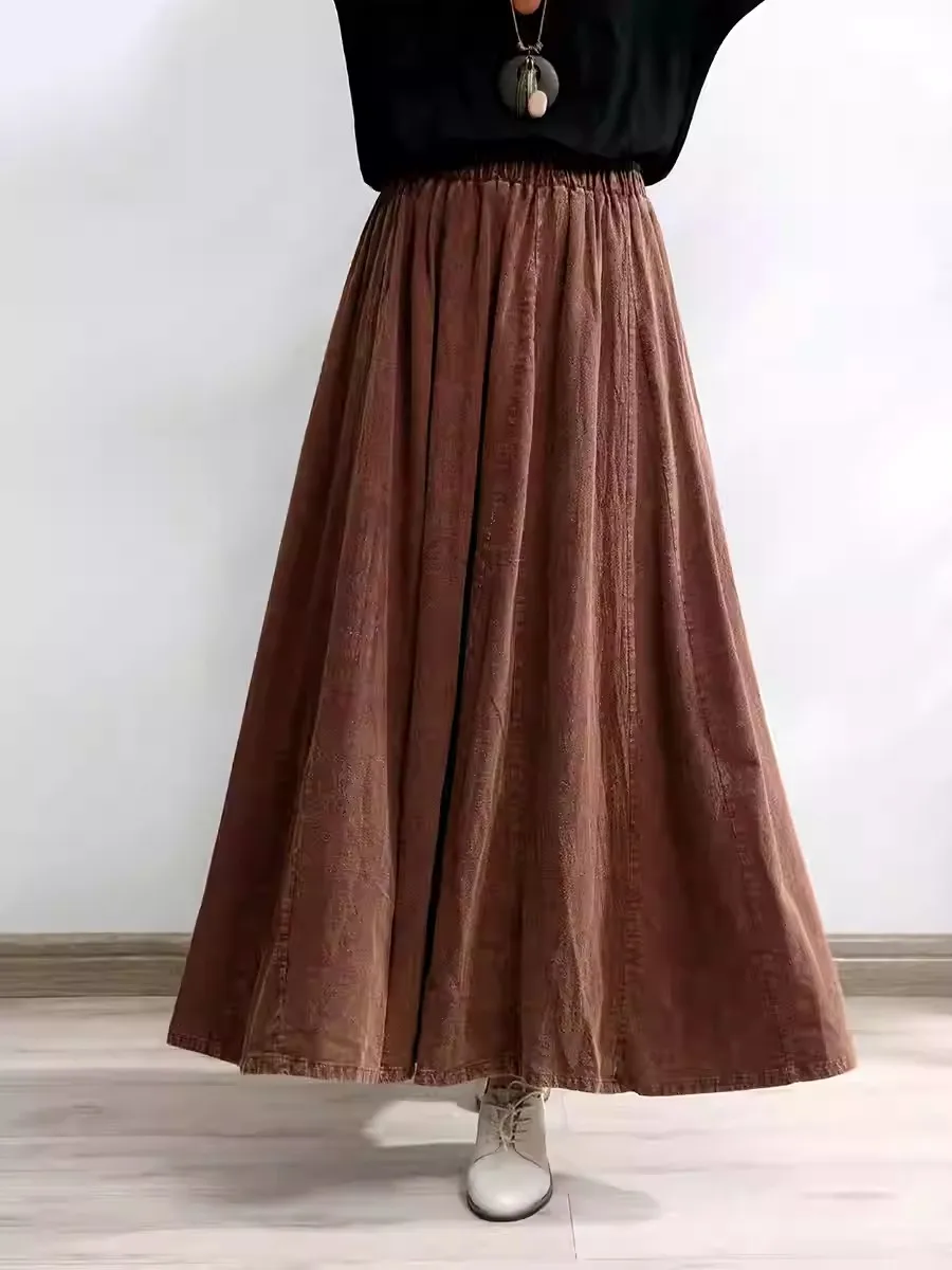 

TIYIHAILEY Long Maxi Skirts Elastic Waist Women Cotton And Linen Autumn Spring 2024 A-line New Fashion Brown Black Beige Skirt