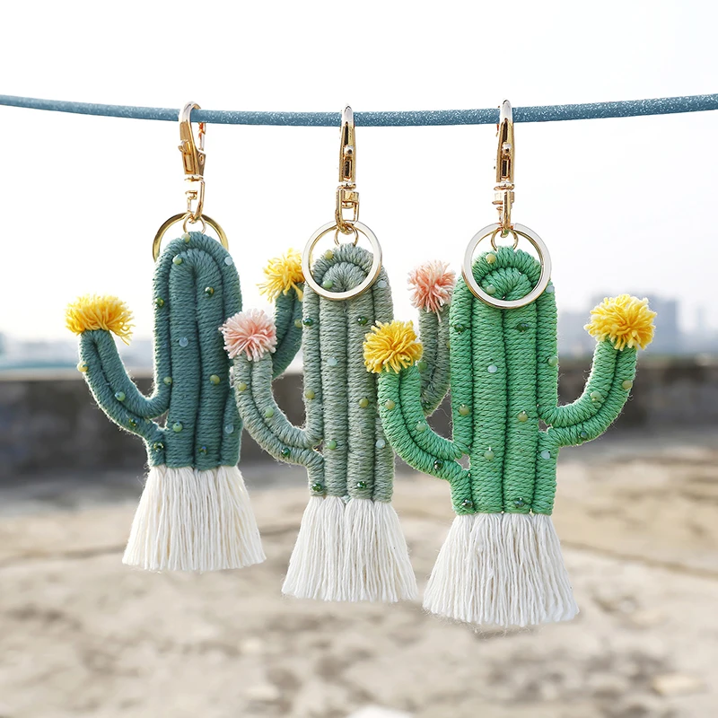 1Pc Exquisite Cute Green Plant Cactus Keychain Fun Bohemian Style Handmade Knitted Feeling Girl Bag Tassel Pendant Holiday Gifts