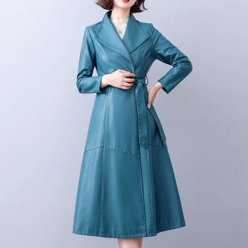 Autumn Winter Long blue Black Soft Sheepskin Leather Trench Coat for Women Belt Skirted Elegant Luxury Fashion M-5xL