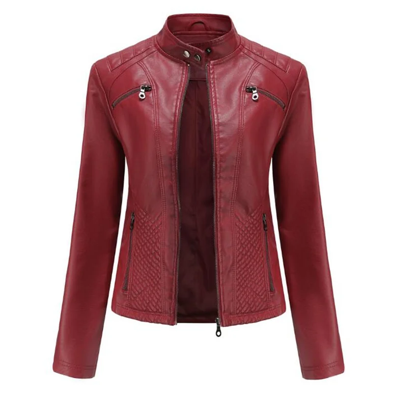 Women Moto Biker Zipper Jacket Autumn Spring Motorcycle Leather Jacket Ladies 2022 Black Red Coffee Apricot Chaqueta Cuero Mujer