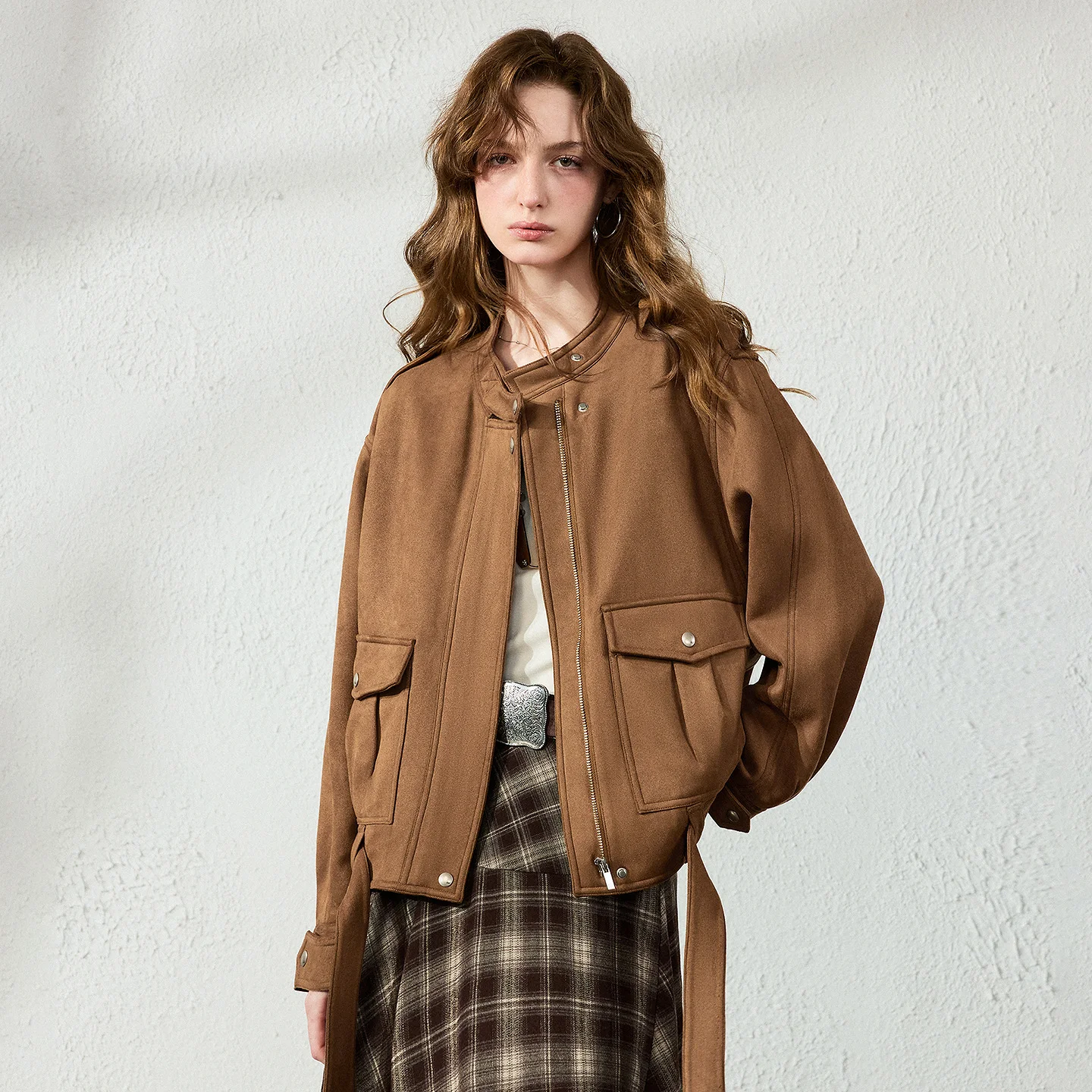 TOYOUTH Women Jacket 2026 Autumn New Stand Collar Suede Loose Cargo Big Pockets Safari Style Outerwear