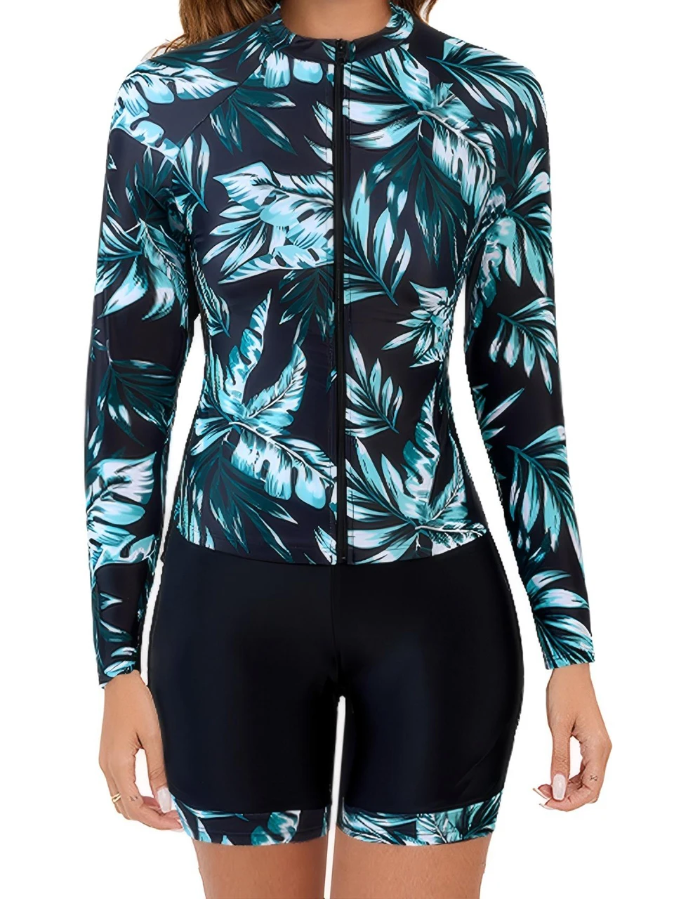 

2025 Long Sleeve Zipper Surfing Swimsuit Print Shorts Swimwear Women Two Pieces Diving Clothes Beachwear Bathing Swimming Suit