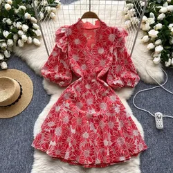Retro V Neck Lantern Short Sleeves Embroidered Print Elegant Summer Slim Dresses A-line French Vacation Print Women Clothing
