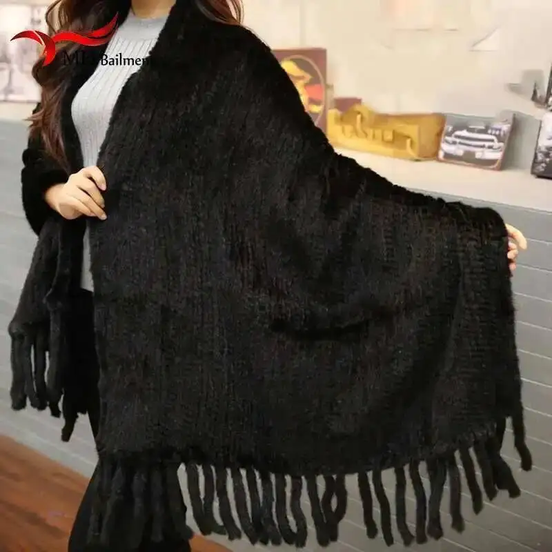 Women Natural Mink Fur Scarf Fashion Long Poncho Female Winter Brown Knit Real Fur Scarves Wraps Luxury Large Shawl Ladies