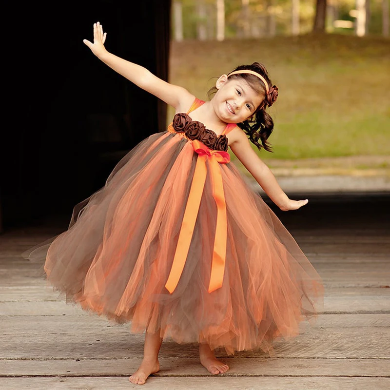 Girls Halloween Tutu Dress Kids Orange Coffee Tulle Dress Ball Gown with Flower Headband Children Birthday Party Costume Dresses