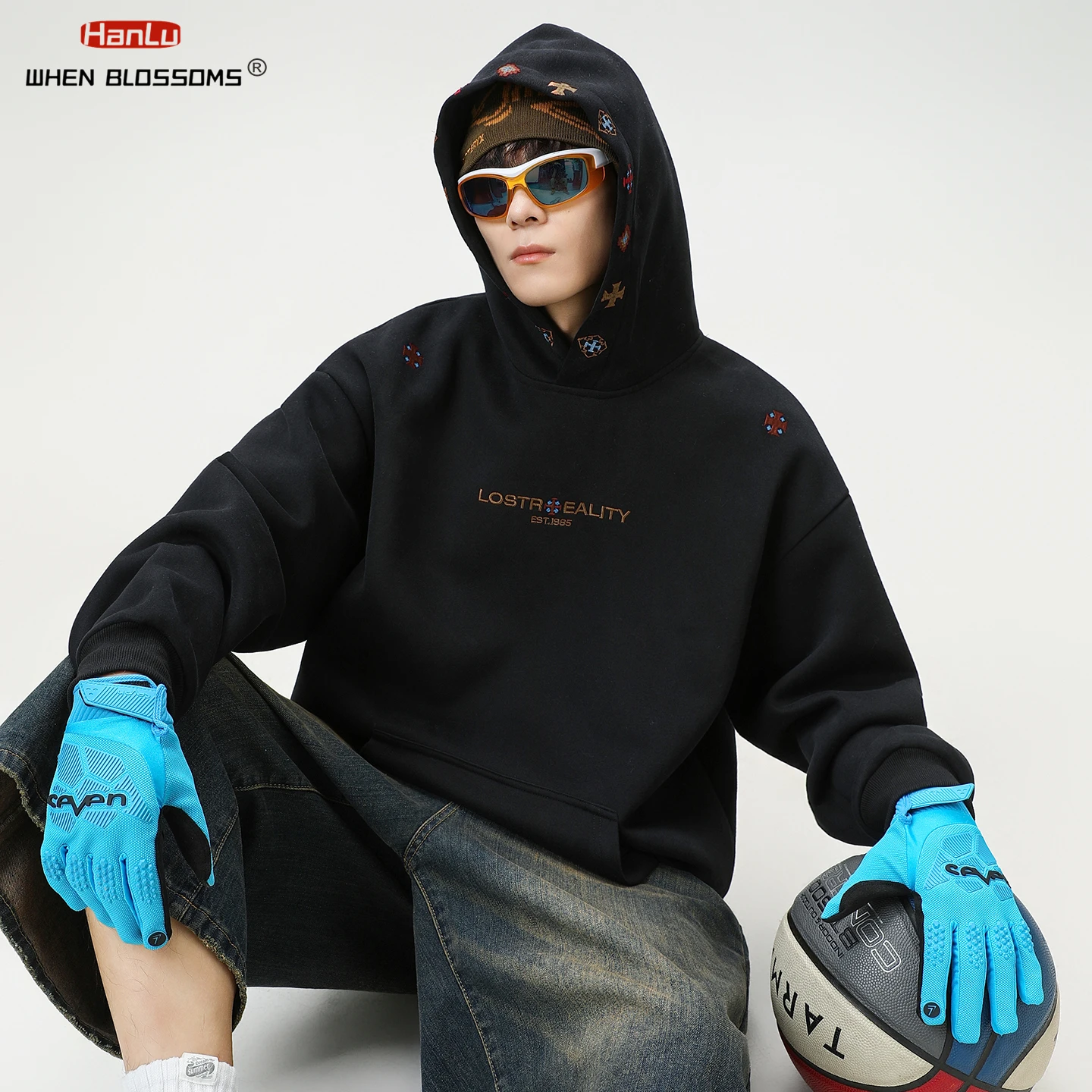 

Винтажная тяжелая толстовка с вышивкой, мужская осенняя уличная одежда 2025 года, большой пуловер в американском стиле High Street, толстовка