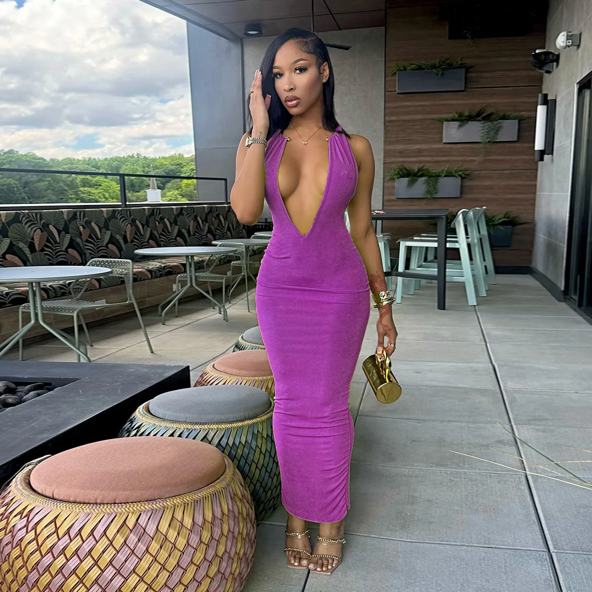 Robe de soirée personnalisée pour boîte de nuit, nouvelle robe de plage, vacances, Sexy, décolleté en v profond, décoration circulaire en métal, jupe longue Slim, 2025