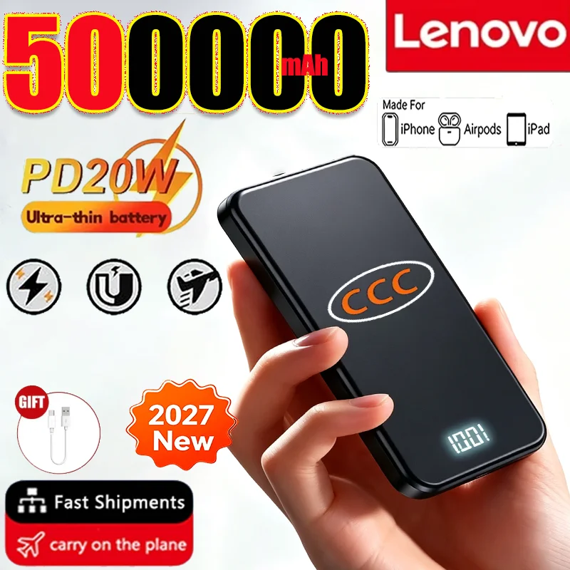 Lenovo 500000mAh Magnetic Wireless Portable PowerBank For MagSafe 3C Fast Charging Digital Display Charger For Xiaomi iphone