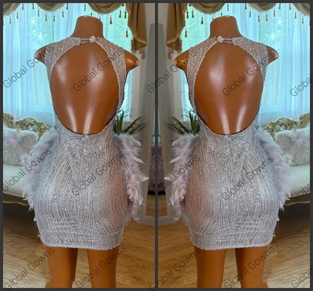 Sexy Silver Short Prom Dress For Black Girls 2024 Beaded Crystal Feathers Birthday Party Dresses  Mini Cocktail Customized