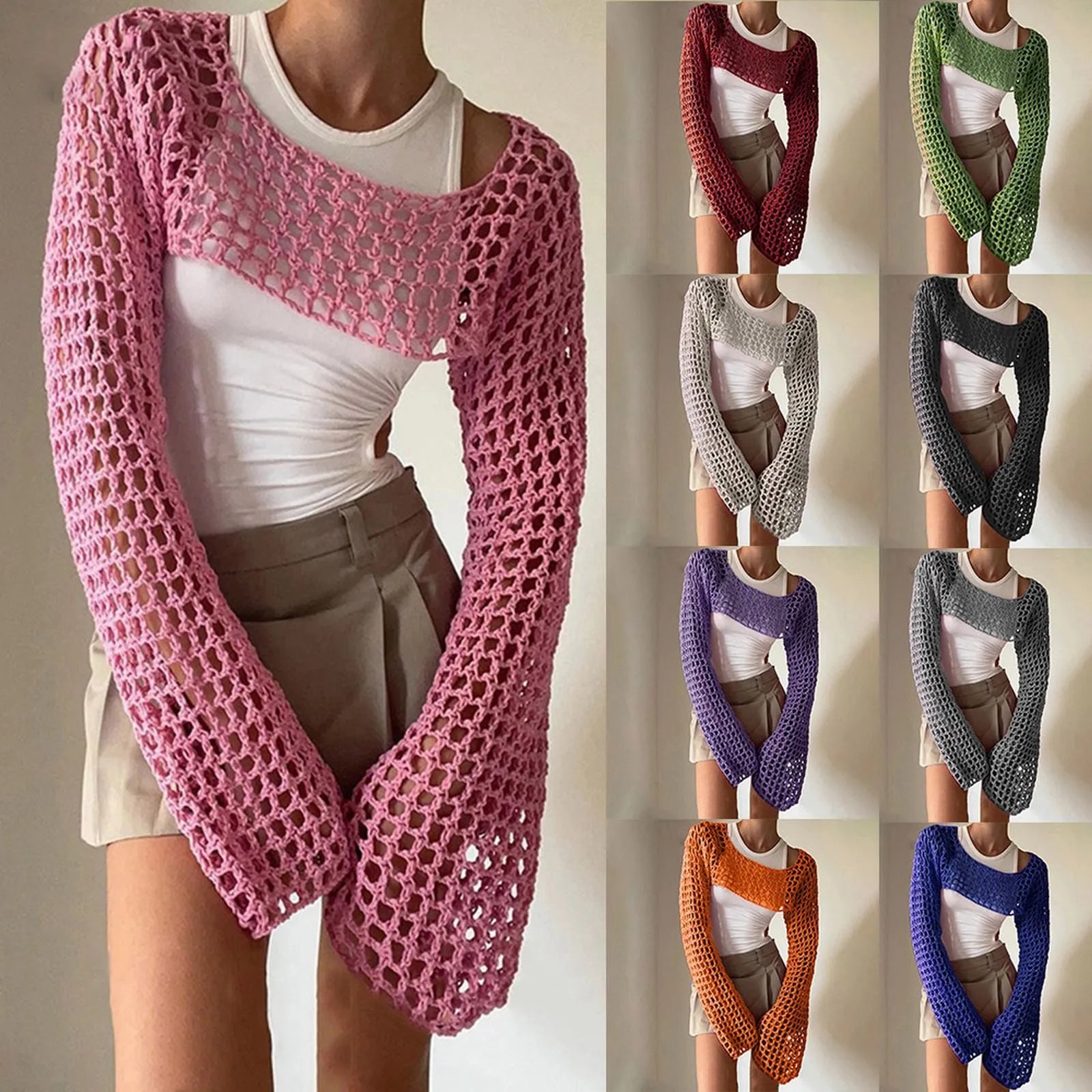 Kobiety Y2k Crochet Knit Hollow Out Crop Top Long Flared Sleeve Shrug Sweater Mesh Cover Ups Cardigan Streetwear Pullover Women