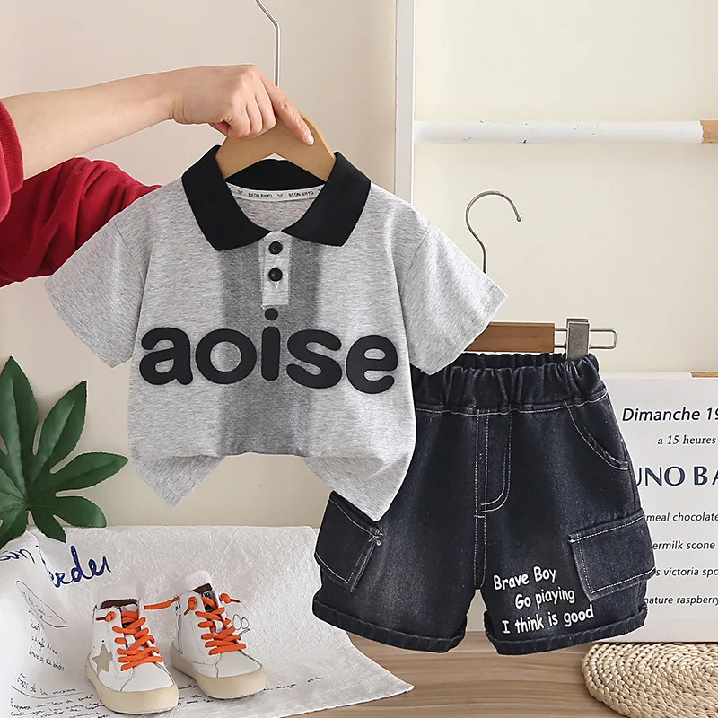 2026 Summer Toddler Boys 2pcs Outfit New Baby Boy Letter Print Polo Shirts and Denim Shorts Set Kids Casual Fashion Clothes 0-5T