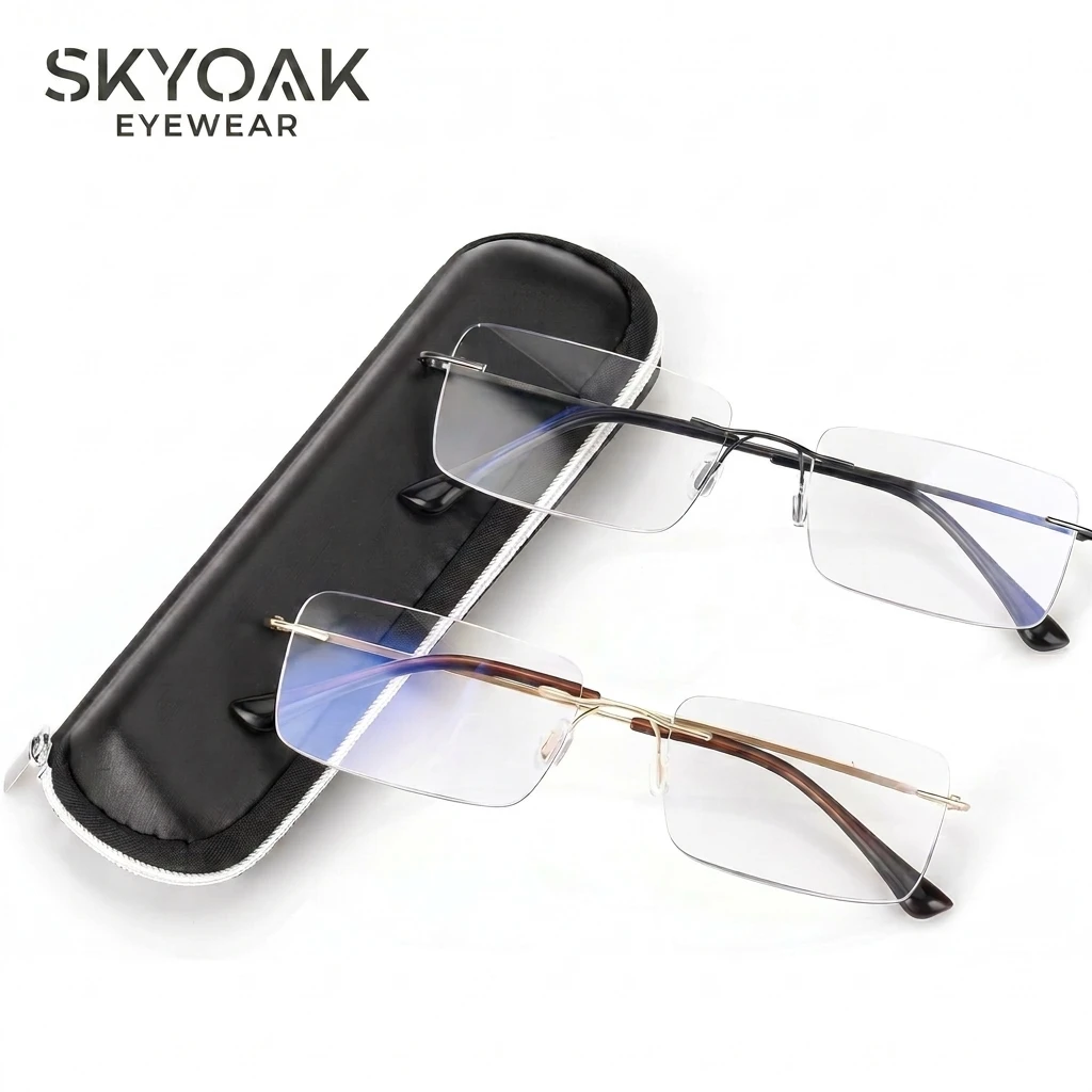 SKYOAK 2 Pack Executive Frameless Progressive Reading Glasses Anti Eye Strain/UV Men Metal Multifocal Eyeglasses