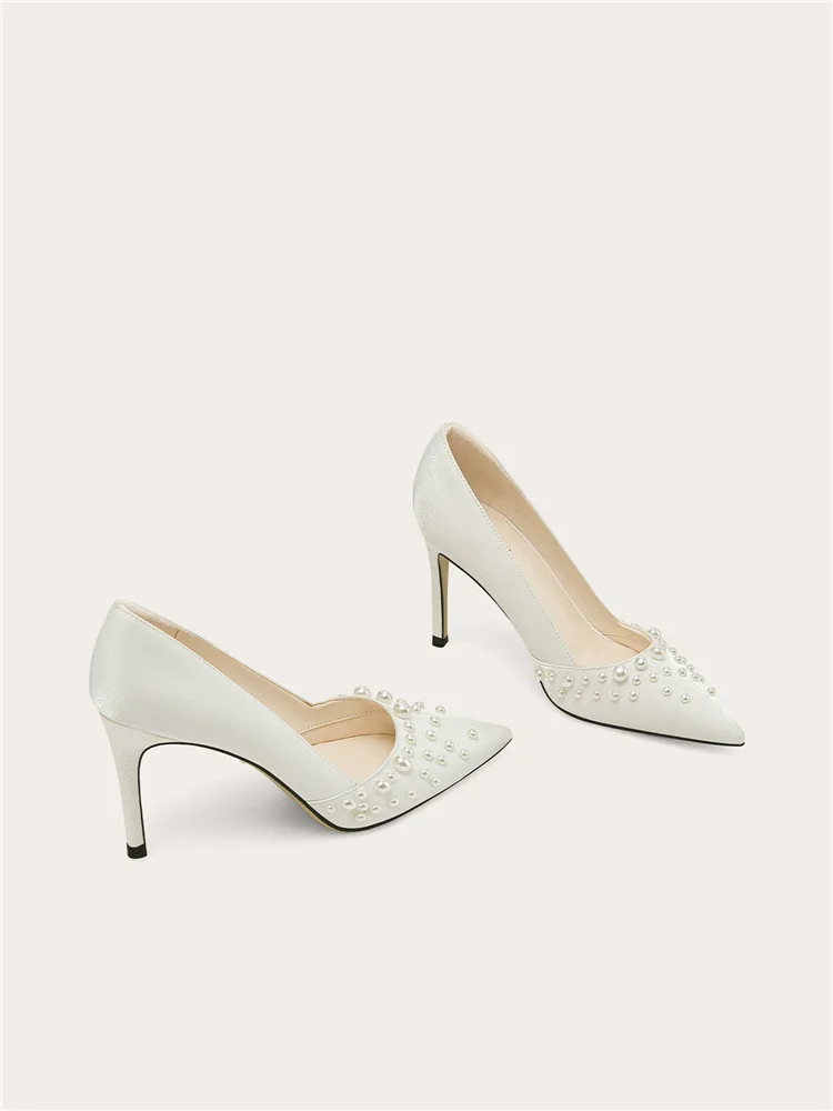 Spring new pointed shallow mouth silk pearl wedding shoes banquet large size small size widened high heels women's shoes