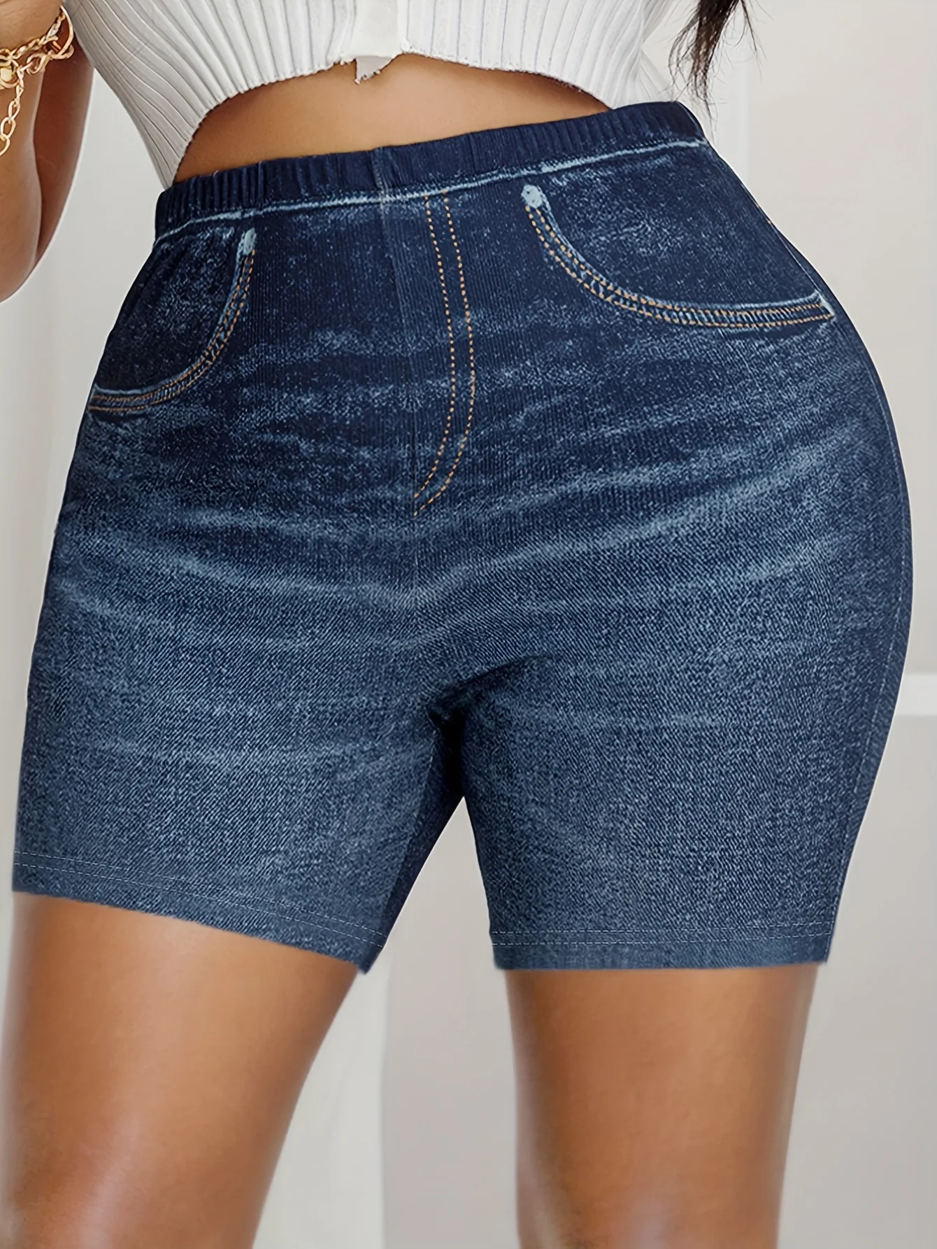 بالإضافة إلى حجم عالية الخصر الدراجة السراويل النسائية فو الدنيم المطبوعة تمتد طماق مريحة عارضة الأزياء #2