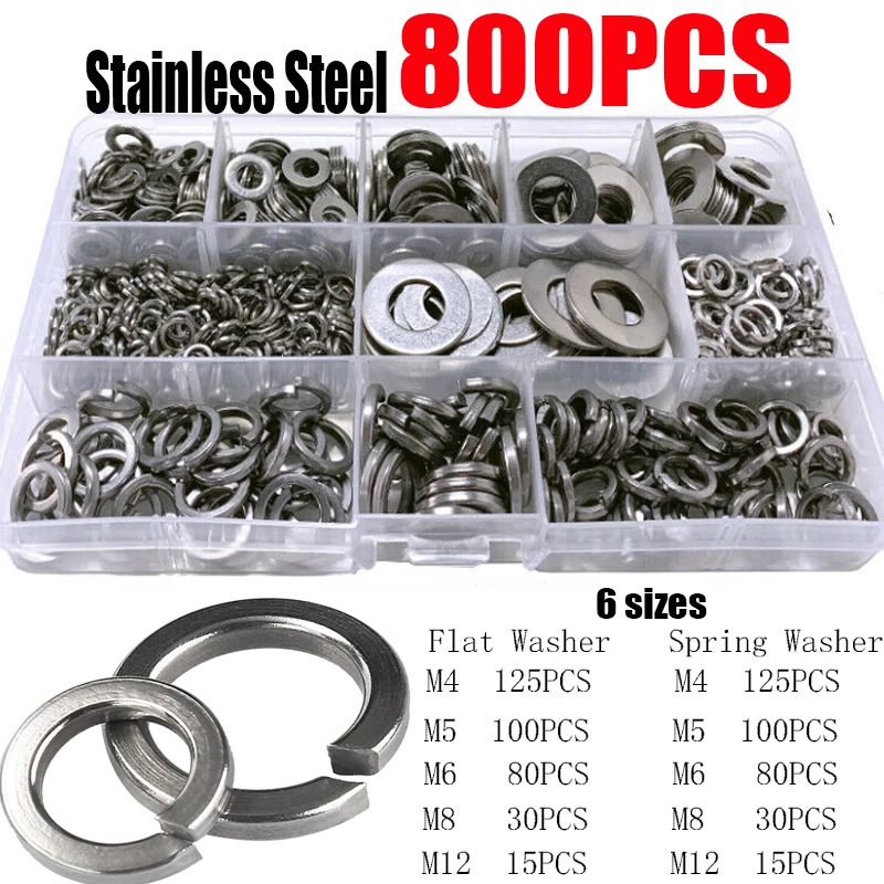 

800PCS M4 M5 M6 M8 M10 M12 Flat Spring Washers Pad Stainless Steel Metal Lock Ring Gaskets Plain Washers Metal Washer Assortment