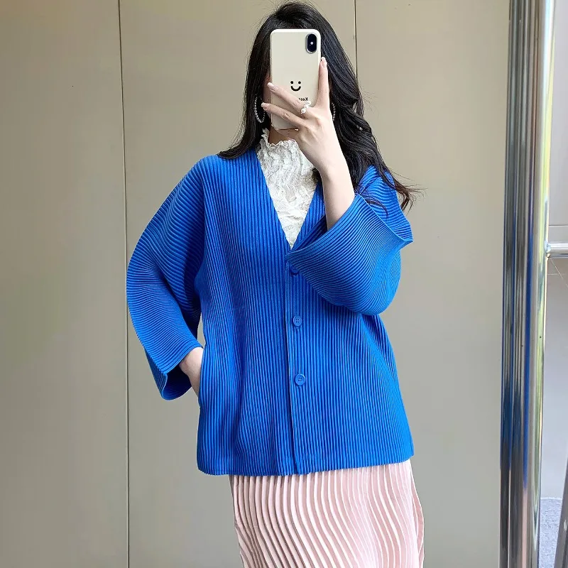 Miyake Pleated Jacket Plisse Women 2026 V-Neck Loose Relaxed Fold Cardigan Top Spring Style Slim Plus Size Casual Pleats Coat