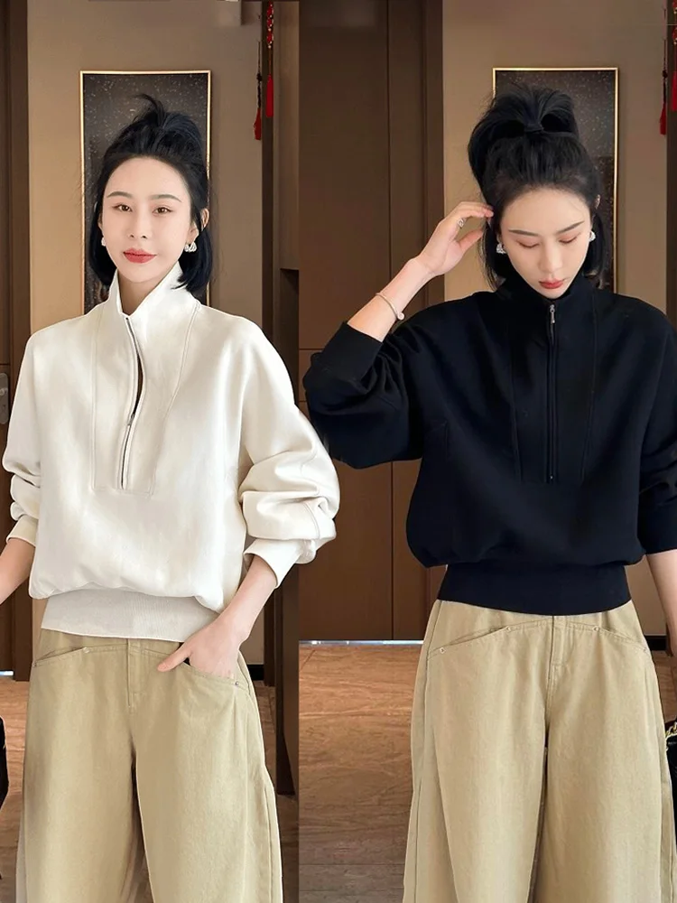 เสื้อสเวตเตอร์คอสูงสีพื้นเรียบง่ายไม่ซ้ำใครสำหรับผู้หญิง แฟชั่นฤดูใบไม้ผลิและฤดูใบไม้ร่วง เสื้อคลุมอเนกประสงค์ทรงหลวมยาว