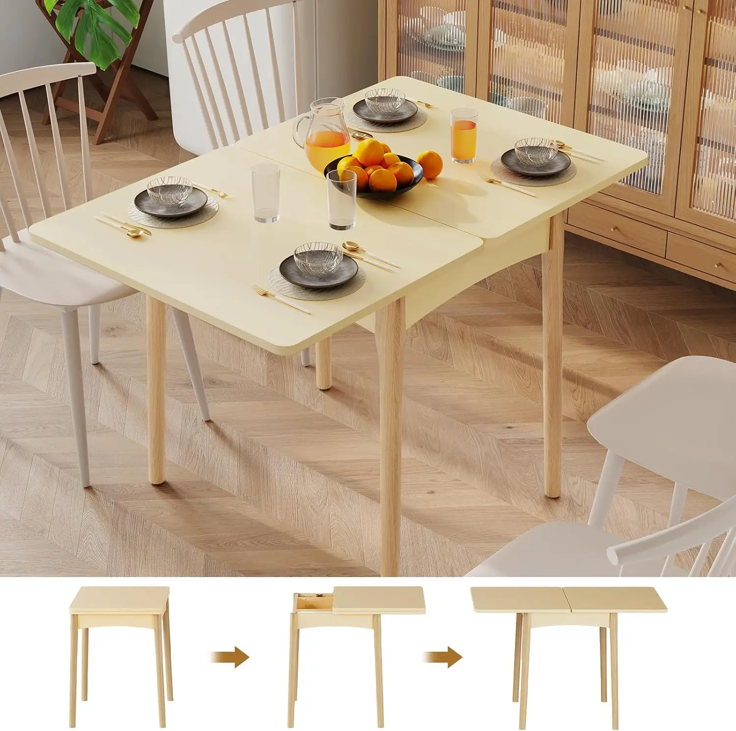 

Folding Dining with Hidden , Modern Space Saving Dining with Pine Wood Legs, Clearance Foldable for Kitchen Living Room, Beig