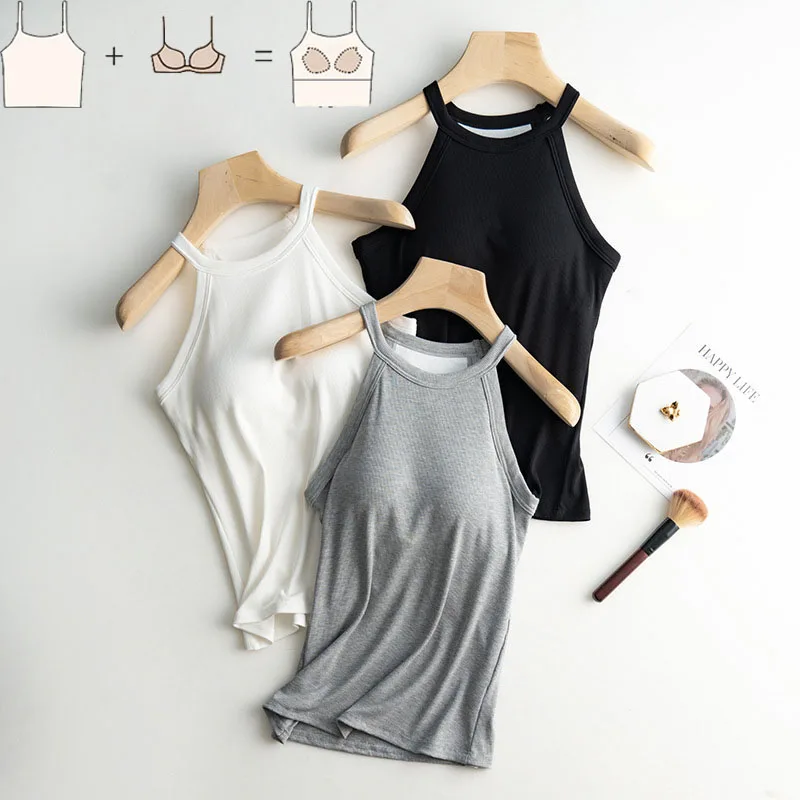 

Ribbed Women's Camisole with Padded Bust Wireless Tank Tops Halter Neck Sleeveless Casual Slim Undershirts Female Outwear C5833