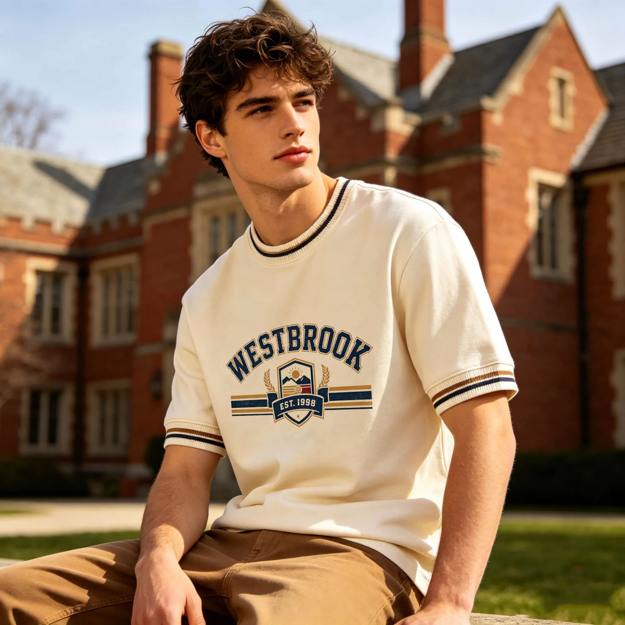 Men Varsity College T-Shirt Retro Letter Print Striped Trim Short Sleeve Tee Polyester Summer Preppy Casual Top