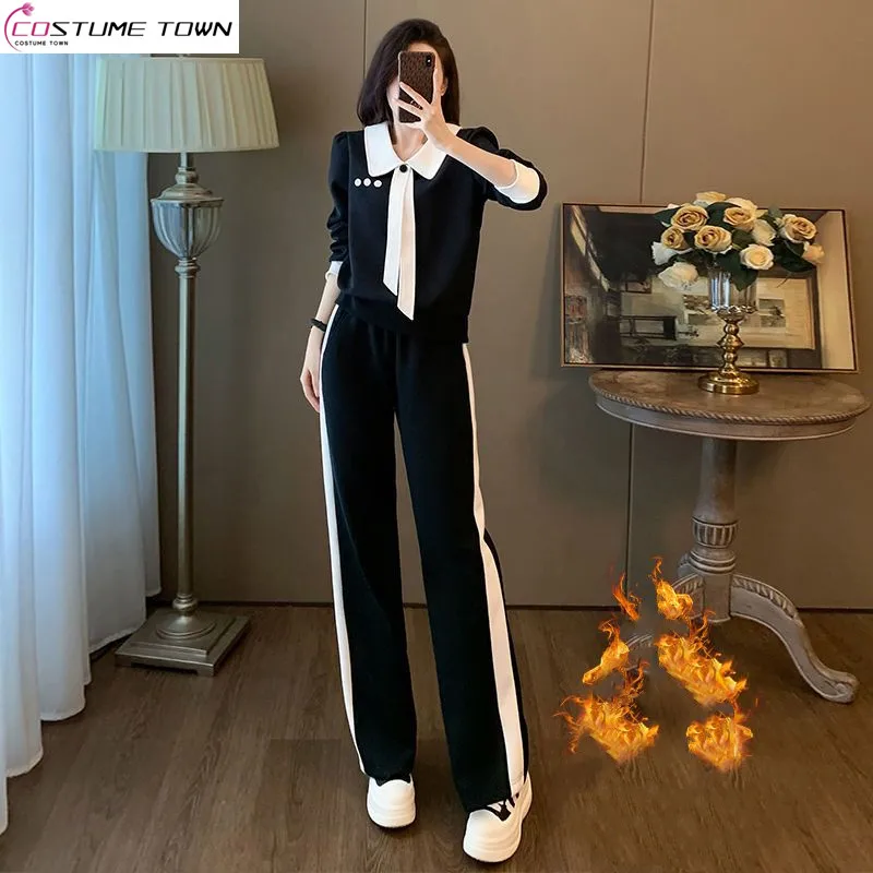 

Autumn and Winter Korean Edition New Fashionable Leisure Sports Slim Fit Small Fragrant Style Top+Wide Leg Pants Two Piece Set