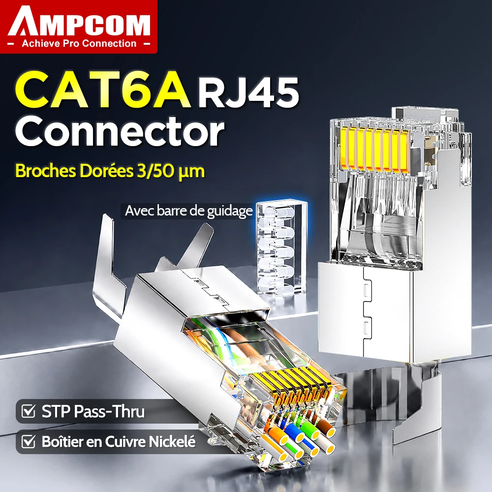 Zdjęcie: AMPCOM Wtyk RJ45 CAT6A Pass Through Ekranowany z Prętem Obciążeniowym, Niklowana Obudowa Miedziana, Pozłacany 50/3U, Średnica Zewnętrzna 1,5mm (22-26AWG), 6-50 szt.