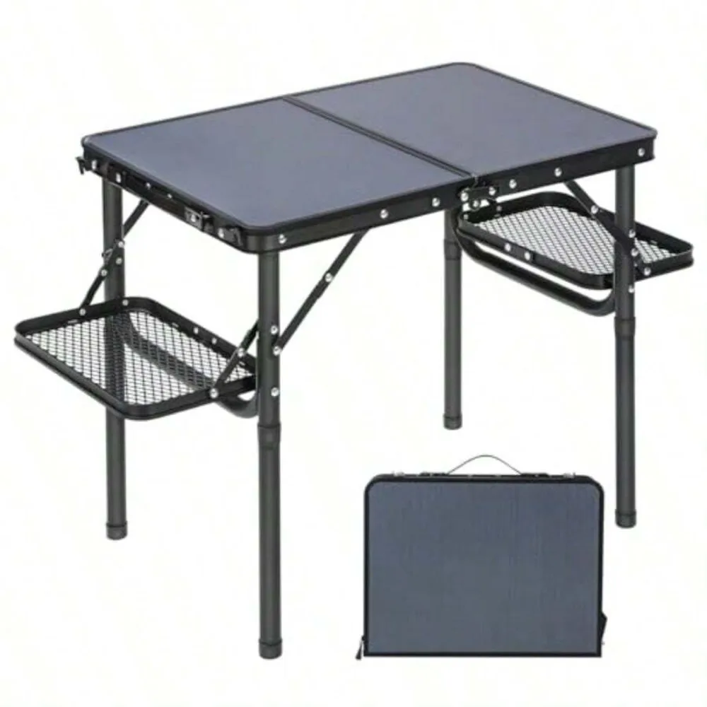 Folding Camping Table, 3Ft 34 x 16 Inch Adjustable Height Aluminum Frame, Lightweight Portable with Carry Handle, Stable Legs & Extra Storage, for Indoor Outdoor Picnic Beach Fishing BBQ RV Patio Garden Sports
