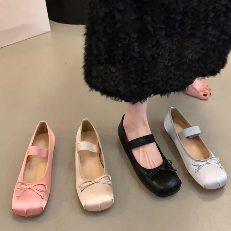 Satin Silk Ballet Flats, Women's Classic Square-Toe Bow Elastic Flat Shoes, Women's Soft Loafers