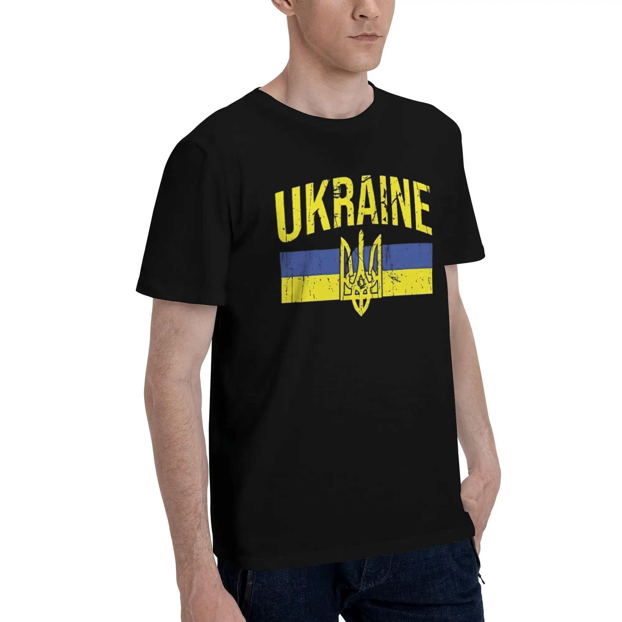 Ukraine Symbol Men T Shirt Ukrainian Trident Novelty Tee Shirt Short Sleeve Round Collar T-Shirts Cotton Gift Idea Clothes