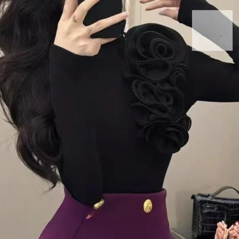 French retro three-dimensional flower turtleneck bottoming shirt women's autumn and winter new high-grade fashion T-shirt inside