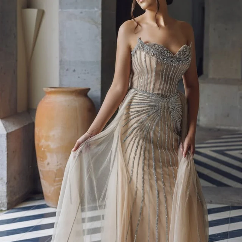 Champagne evening dress ruffle Luxury Beading glitter Appliques fishtail slit Sparkly layering Gown Customized