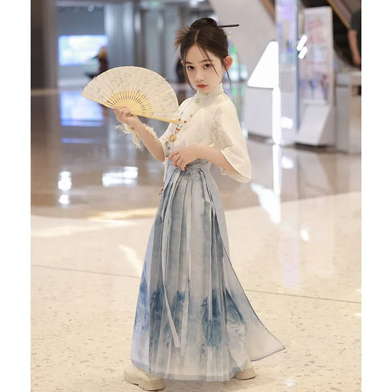 

Summer Chinese Style New Horse Face Skirt Girls' Improved Tang Suit Girls' Ancient Style Ming Hanfu Top Horse Face Dress ZE468