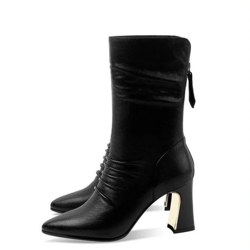 Mid Calf Shoes Woman Leather High Heels Big Red Elegant Heeled Pointed Toe Half Boots Women Demi-season Sale Designer Luxury Y2k image 5