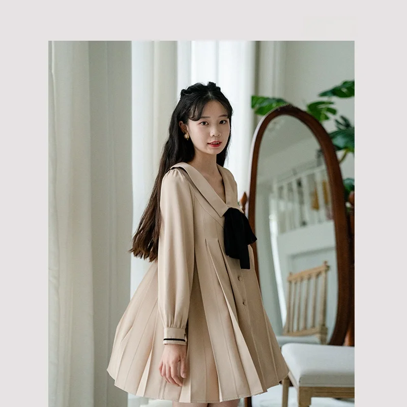 

Spring Autumn ort Pleated Long Sve Doll Collar Loose Waist A-Line Skirt Dr Sweet College Sle Polyester Single Button