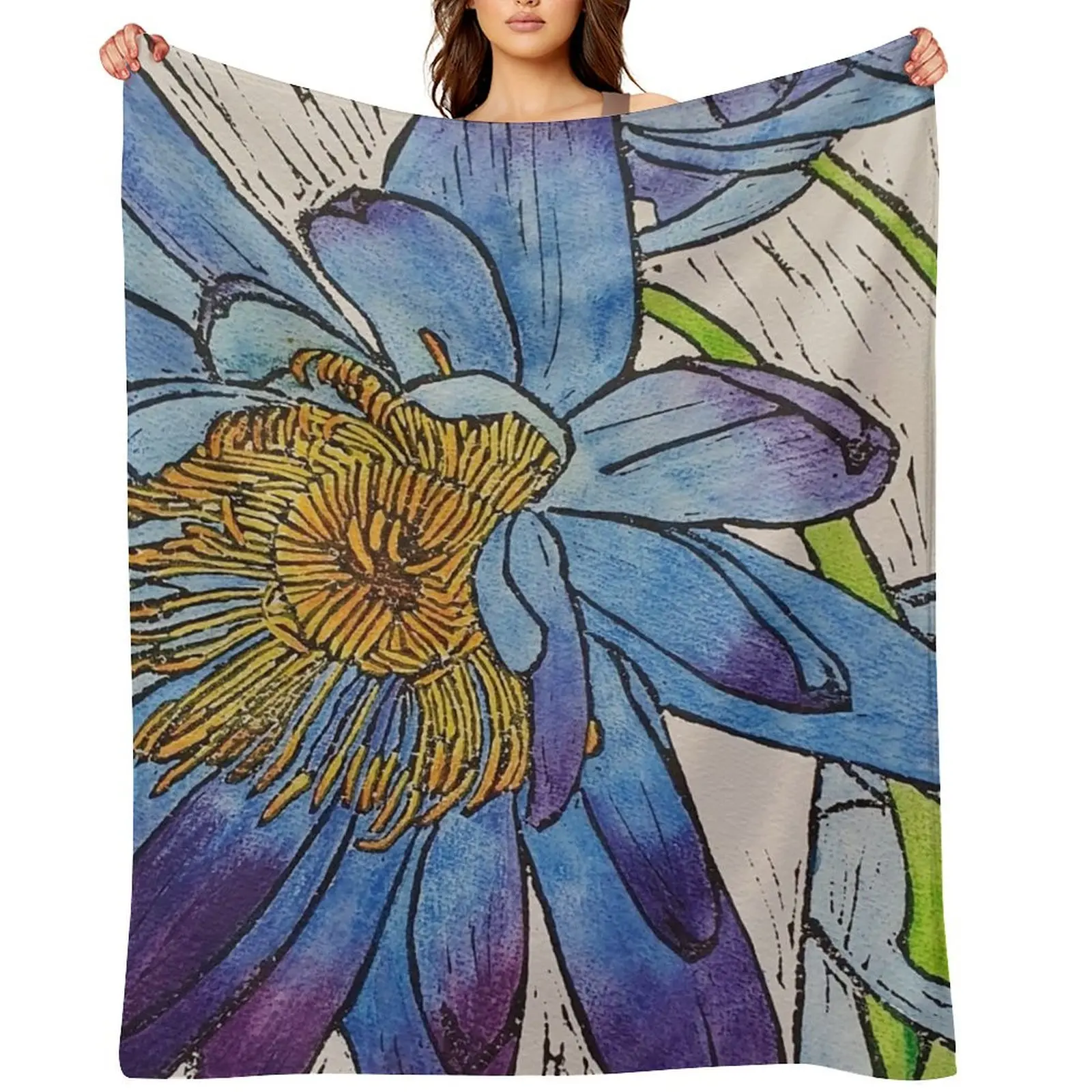 

Kimberley Waterlily Linoprint Coloured Throw Blanket for sofa Giant Sofa Single Soft Beds Blankets