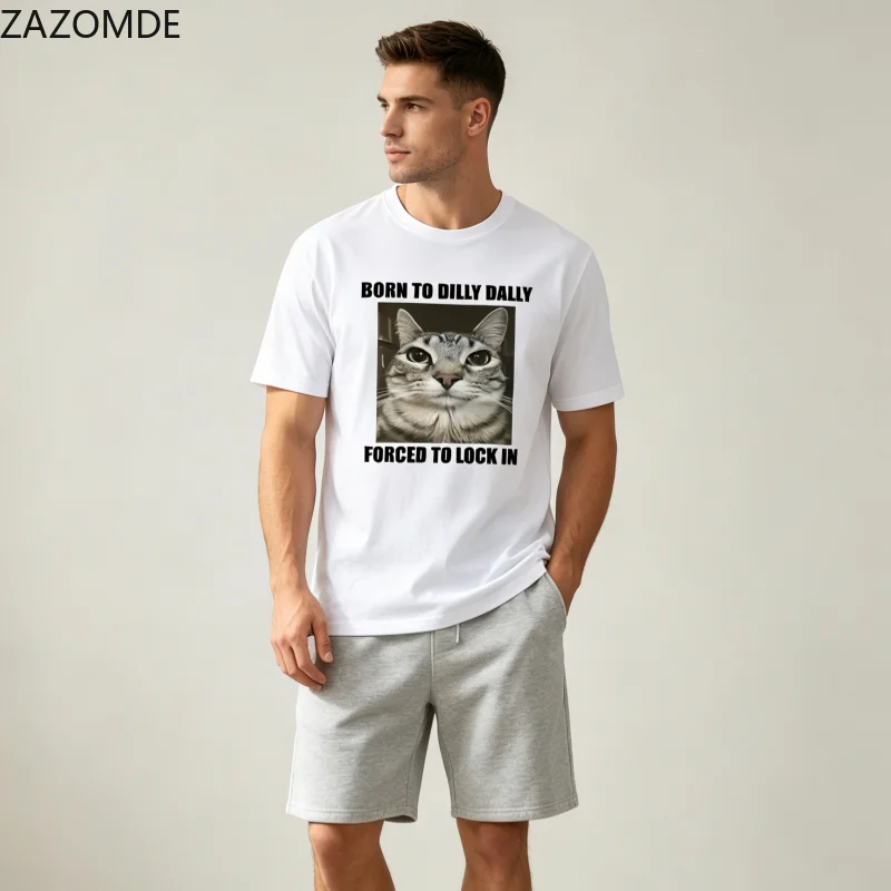 ZAZOMDE Viral Internet Humor Cat Print Tshirt Unisex Loose Streetwear Funny Relatable Meme Short Sleeve Summer Casual Cotton Top