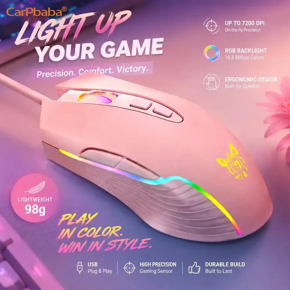 Mysz do gier RGB, różowa, urocza, 6400 DPI, przewodowa, optyczna, z efektownym podświetleniem, idealna do użytku w domu, biurze, na laptopie i komputerze PC. — zdjęcie produktu 3