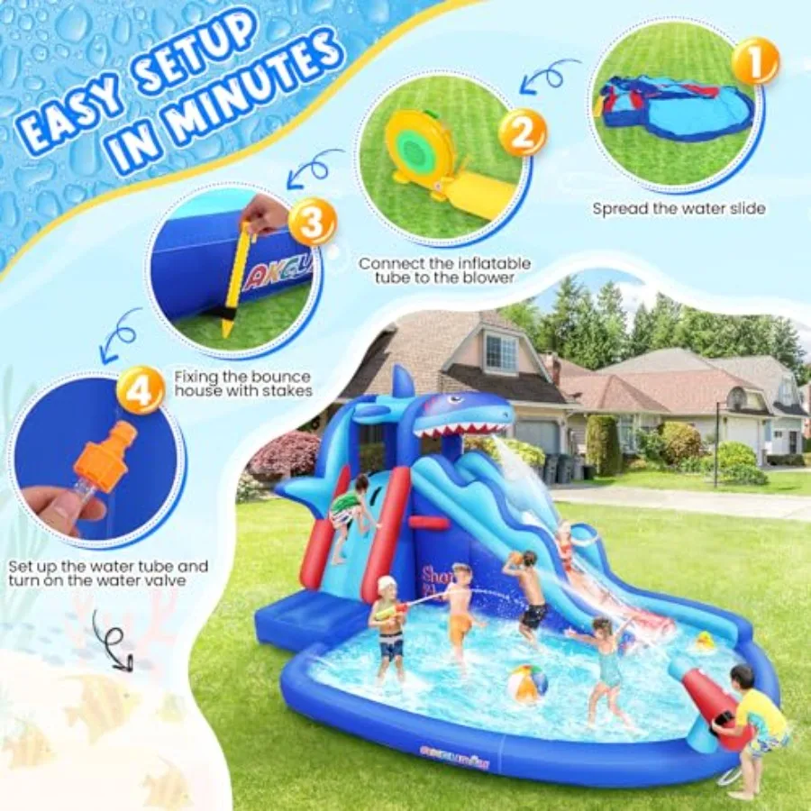 Outdoor/Indoor inflatable water slide bounce house for kids 3-12 shark-themed blue and yellow with climbing wall long slide and view 5