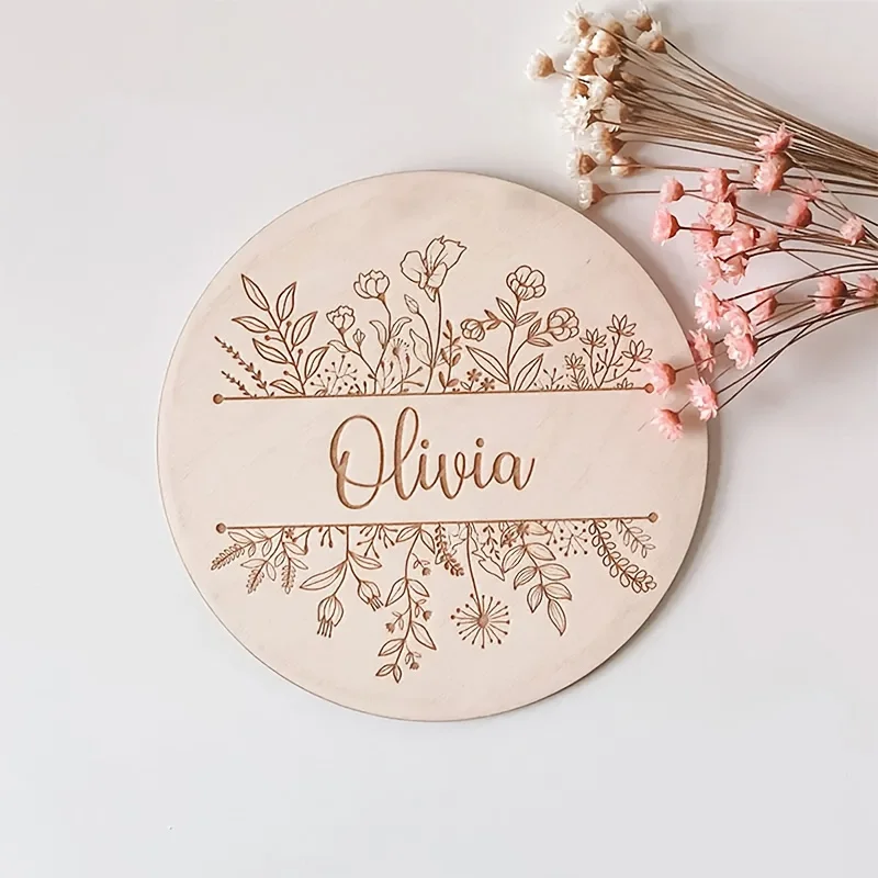 Personalized Floral Engraved Name Plaque, Custom Round Wooden Sign, Home Wall Decor, Meaningful Gift