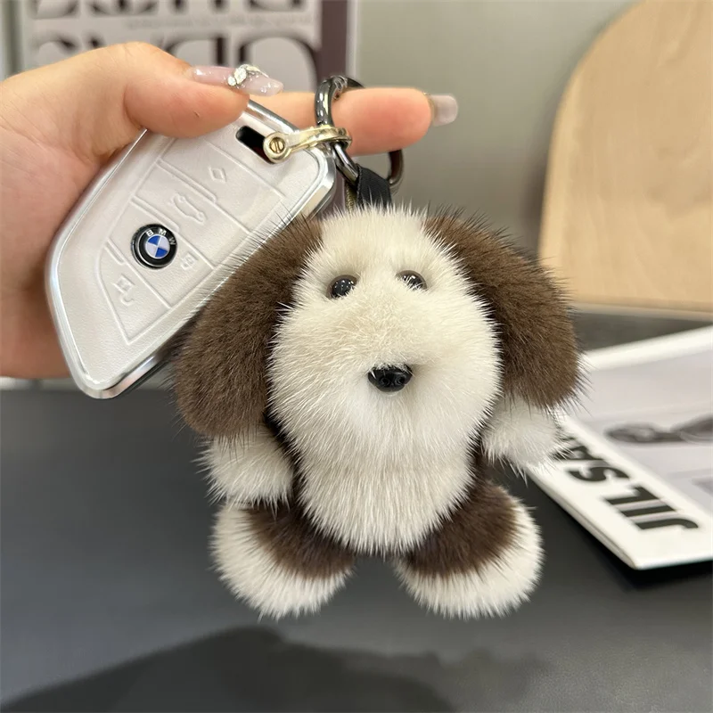 Plush Real Mink Fur Dog Pendat Keyring Cute Puppy Kids Women Bag Car Key Ring Ornaments Charm Keychain Birthday Gifts